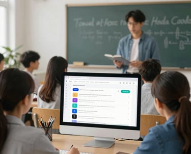 A modern classroom setting with professionals engaging in AI training sessions.