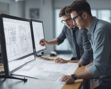 Engineering team discussing blueprints in a modern office.