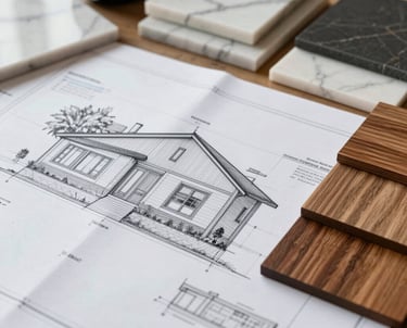 Close-up of a designer's desk with architectural blueprints of a house, marble samples, and wood swatches. Professional and high-end atmosphere in a European design studio.