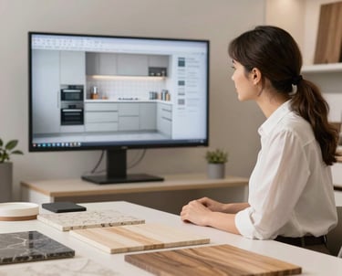 A professional interior designer in a bright, modern studio in France, looking at a kitchen layout on a screen. The environment is calm, featuring professional samples of wood and stone.