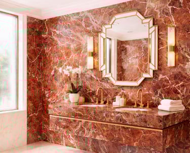 Baño de mármol rojo estilo Art Déco moderno elegante y luminoso