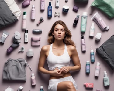 a woman sitting on a bed with a lot of beauty products