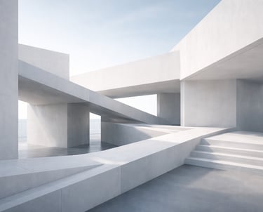 Minimalist architectural scene with intersecting concrete pathways and clean geometric forms, symbol