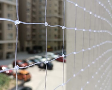 Close-up of a tightly woven pigeon safety net installed on a balcony in Electronic City.