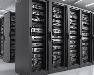 A secure server room with glowing data storage units and network cables.