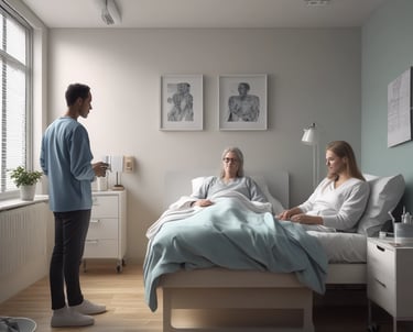 A compassionate nurse assisting an elderly patient in a hospital room filled with natural light.
