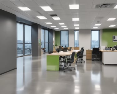 A professional cleaner wiping a bright office desk with a green cloth.