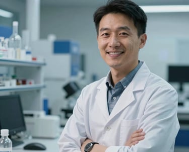 Portrait of an East Asian professional male in business casual attire, smiling confidently in a modern technical laboratory. The lighting is bright and professional with steel blue accents in the background.