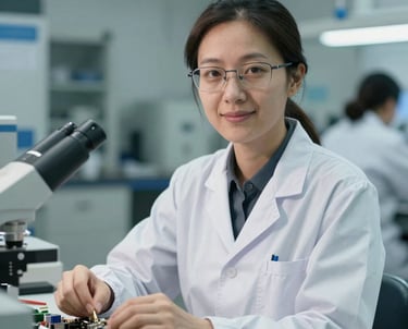 Portrait of an East Asian professional woman wearing glasses and an engineering lab coat, working in a clean electronics testing facility. She is looking at the camera with a friendly, expert expression.