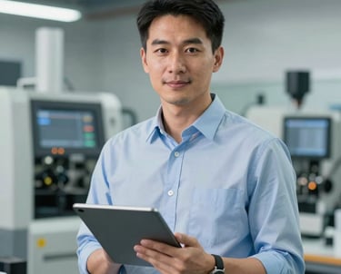 Portrait of an East Asian male engineer in a light blue shirt, holding a digital tablet in a modern workshop with high-tech machinery visible in the background. Professional and reliable demeanor.