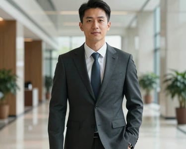 Portrait of a professional East Asian man in a sharp business suit, standing in a clean, high-ceilinged modern office lobby in Shenzhen. Soft natural light, professional atmosphere.