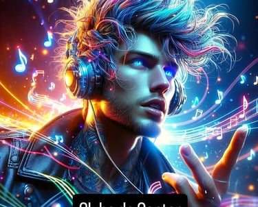 Digital art of a male singer with glowing blue eyes wearing headphones surrounded by neon musical notes.