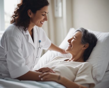 A friendly caregiver sharing a joyful moment with an elderly woman in a cozy living room.