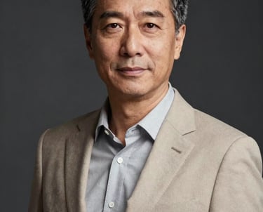 A professional headshot of a seasoned business advisor in a stylish, minimal professional outfit. High-end lighting, dark background. North American / International.