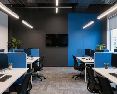 A wide shot of a modern open-plan digital agency office with dark walls and vibrant blue accents. Professional and premium atmosphere.
