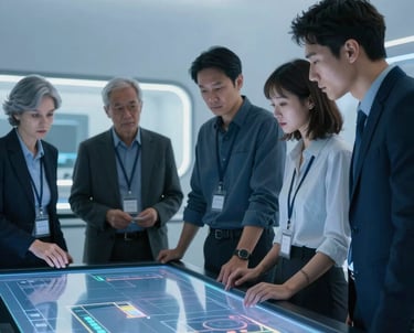 A group of engineers collaborating around a large touchscreen display in a futuristic lab. Accent Blue lighting, minimal environment.