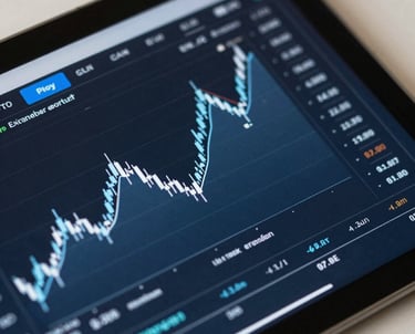 A close-up of a tablet screen showing an interactive financial chart with blue and white accents. Minimalist background.