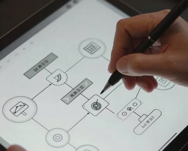A detailed shot of hands sketching a complex system architecture on a digital tablet. Focus on precision and design.