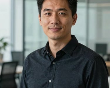 A professional headshot of a lead software engineer in a modern dark shirt, standing in a minimal glass office setting. North American / International.