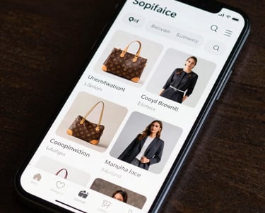 A sleek, dark smartphone displaying an elegant e-commerce app with high-resolution product images. North American / International lifestyle.