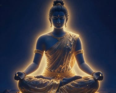 A beautiful photographic representation of a spiritual aura in South Asian / Tamil Nadu, India. A person is sitting in a meditative posture, with a soft gold and navy blue glowing field surrounding their body. The background is a dark deep navy blue, making the glowing aura effects stand out like a soft flame.