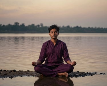 A tranquil photograph of a South Asian person sitting in a meditative posture by a peaceful riverbank at twilight, with deep plum and soft gold colors reflecting in the calm water.