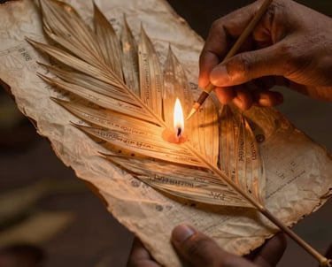 A close-up photograph of a South Asian hand carefully holding an ancient palm leaf manuscript, with warm, flickering candlelight illuminating the delicate engravings and rustic texture of the leaves.