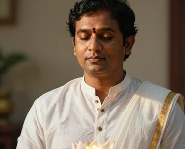 A serene portrait of a South Asian person in Tamil Nadu, India, wearing white cotton traditional attire, eyes closed in peace. Soft golden light falls on their face, and a subtle glowing lotus flower is blurred in the foreground. The style is clean, spiritual, and elegant.
