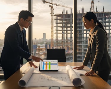 Creed Advisory – construction management professionals reviewing plans in meeting room