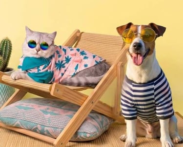 Un gato y un perro con gafas de sol y ropa de verano descansan junto a un cactus, fondo amarillo