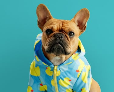 Un bulldog francés café con impermeable de goma azul con forma de patito, fondo verde azulado
