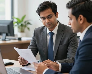 A professional consultant reviewing tender documents with a client in a modern office.
