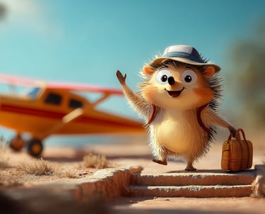 Tumbleberry Hedgehog waving in front of a plane