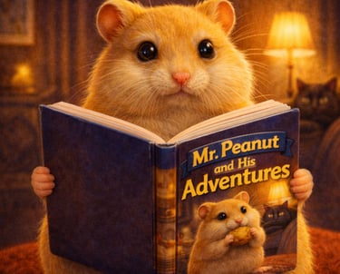 Ein niedlicher goldener Hamster sitzt aufrecht in einem gemütlichen Raum und hält ein kleines Buch