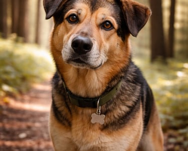Ein mittelgroßer Hund mit braun-schwarzem Fell steht auf einem Waldweg 