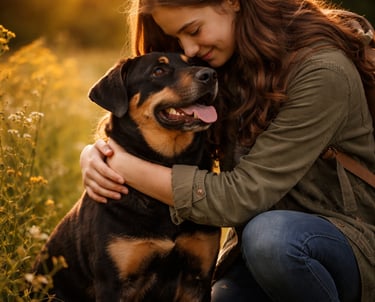 a girl hugging a brown and black dog
