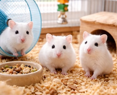 Drei weiße Hamster in ihrem Aquarium