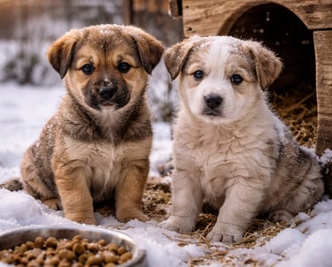 Zwei flauschige Welpen sitzen nebeneinander im Schnee neben einer hölzernen Hundehütte