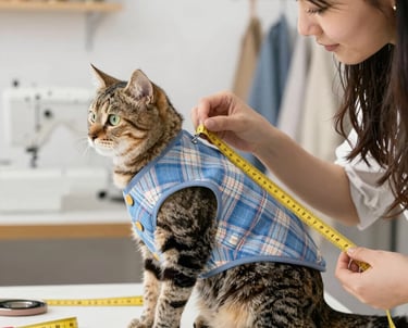 Una costurera tomando medidas a un gato atigrado que lleva un chaleco de cuadros azul hecho a medida
