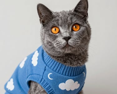 Un gato gris con ojos de color naranja brillante que lleva un suéter azul con nubes blancas y lunas 