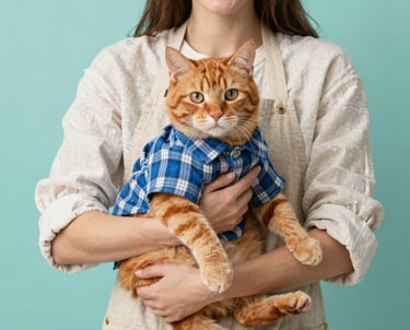 Una mujer sonriente con delantal de lino sosteniendo a un gato naranja (ginger) que lleva una camisa