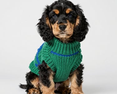 Un cachorro de Cocker Spaniel negro y fuego vistiendo un suéter tejido para perro de color verde azu