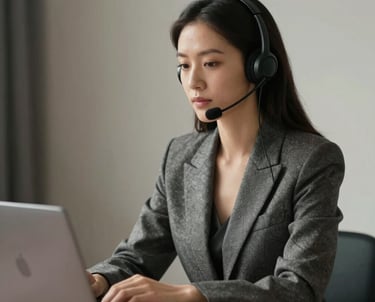 A portrait of a woman in a tailored blazer, sitting at a desk with a laptop and professional headset. Sophisticated and modern feel. Global / International context.