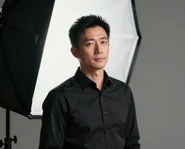 A portrait of a man in a professional black shirt, leaning against a large studio light. Minimalist and elegant composition. Global / International context.