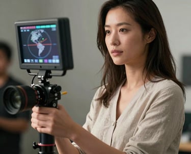 A portrait of a professional female cinematographer holding a portable monitor on a film set. She is wearing neutral professional attire. Global / International context.