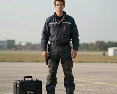 A portrait of a male aerial technician wearing a field jacket, standing in a vast outdoor setting with a drone case nearby. Cinematic, professional photography.