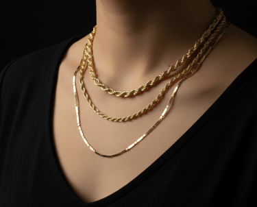 Mujer luciendo tres collares en capas de oro laminado.