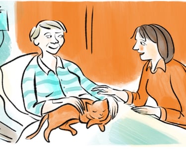 Comic eine alte Frau im Hospiz und eine Ehrenamtliche