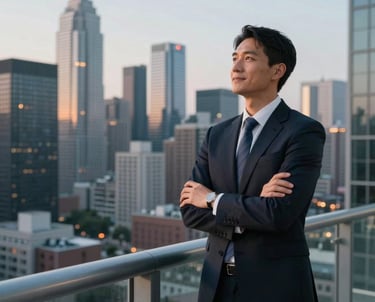 A professional individual standing on a high-rise balcony overlooking a modern North American city skyline at dusk, arms crossed confidently, inspiring and hopeful mood.