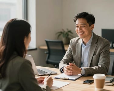 A warm and inviting North American office space where an advisor and a client are engaged in a friendly, supportive conversation across a tidy desk, soft natural lighting.